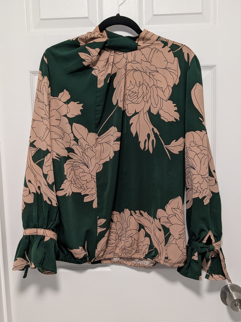 Floral Tie-Neck Blouse - Dark Green & Beige